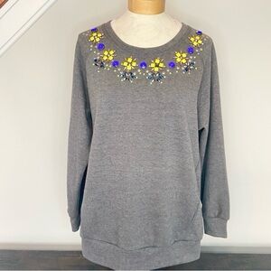 Madison Marcus Rhinestones Embellished Gray Sweatshirt Top Size Medium